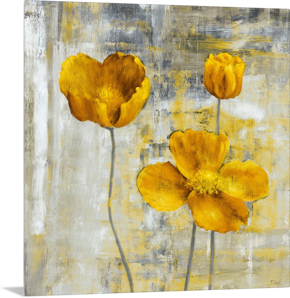 Square, large wall art docor of three yellow flowers with stems on a sponge like textured, grey and yellow background.