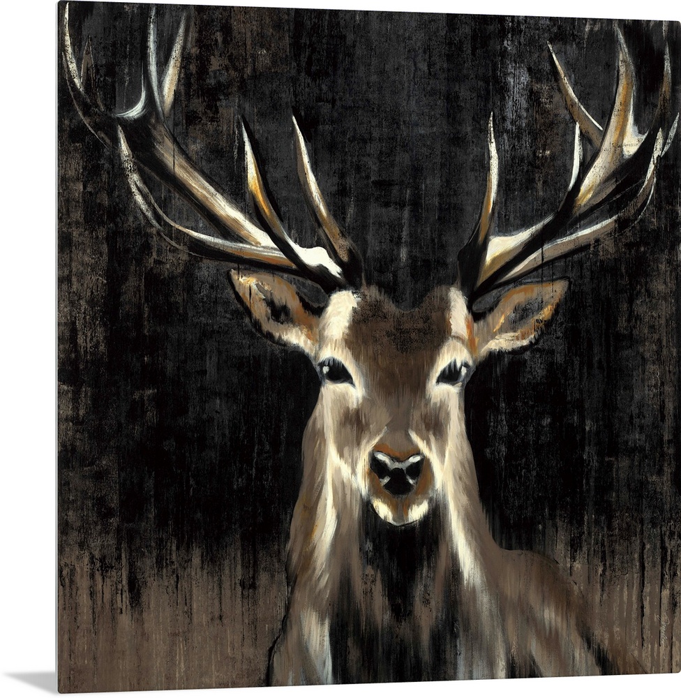 Contemporary painting of a stag against a dark background.