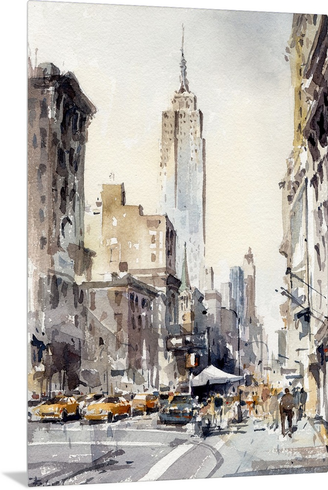 Energetic watercolor brush strokes in dark muted colors reflect the energy and weather of New York city life.