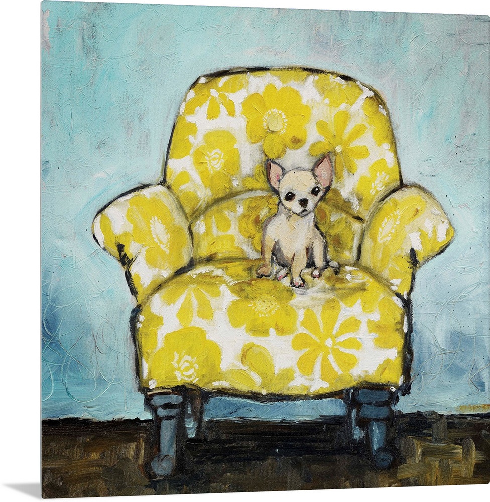 A whimsical composition of a small cream-colored dog sitting up in a large armchair covered in a bold, yellow floral print...