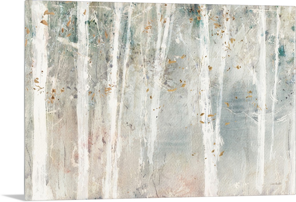 A contemporary abstract landscape of white trees in the forest with a water-colored neutral background and golden leaves.