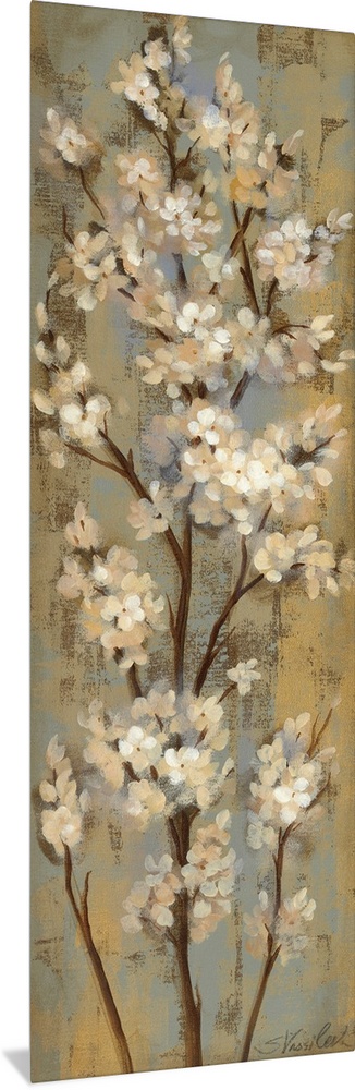 Vertical panoramic painting of long vertical branches covered in small flowers.