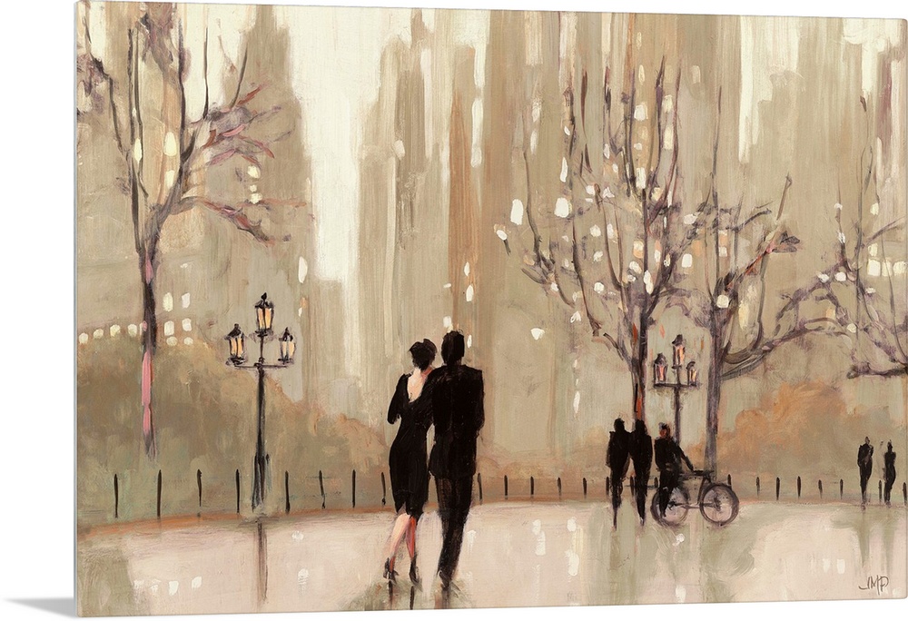 A couple walking in a loving embrace through an urban park.