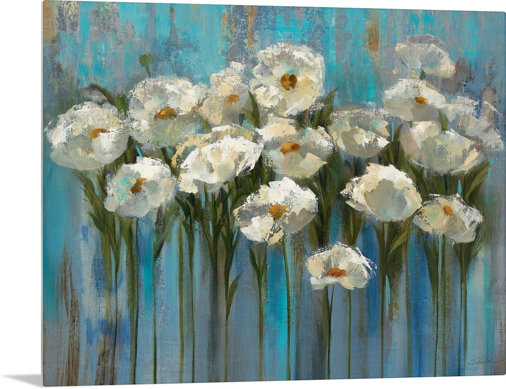 Contemporary painting of flowers standing tall with an abstract background.