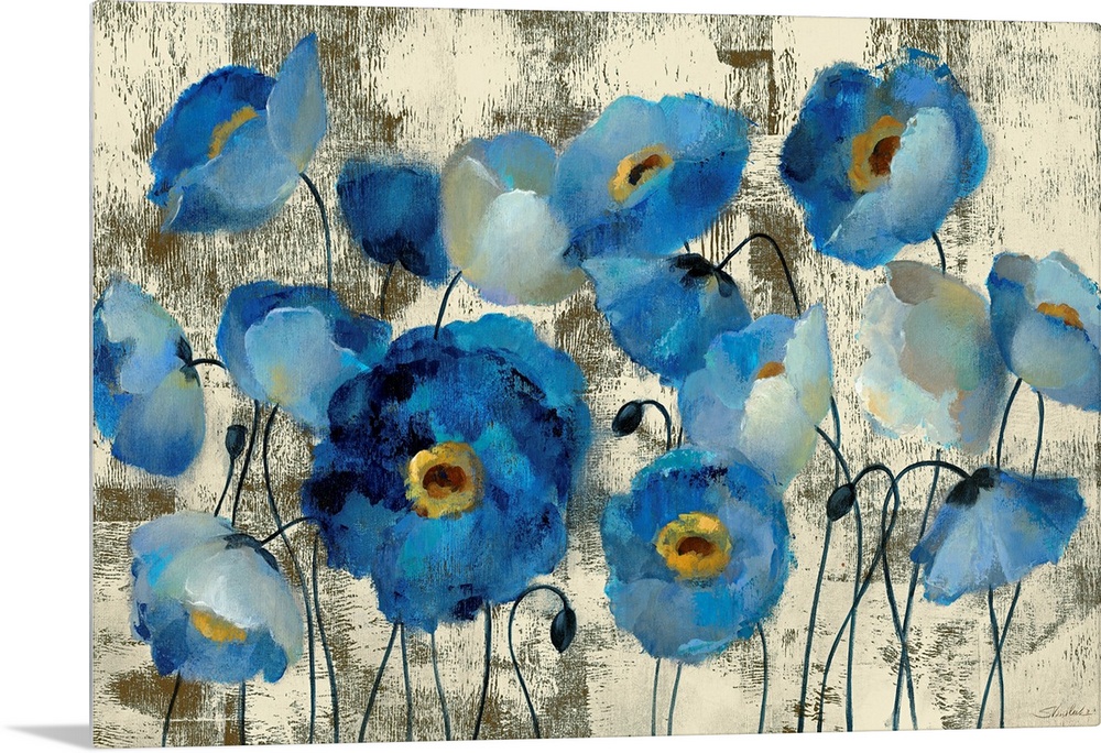 Big contemporary art that illustrates flowers and flower buds against a rough background.