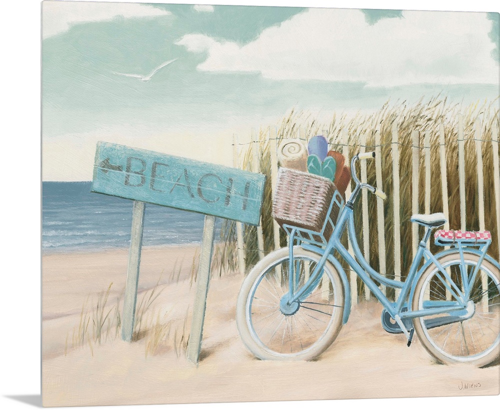 Contemporary artwork of a bicycle leaned up against a sand dune fence on a beach.