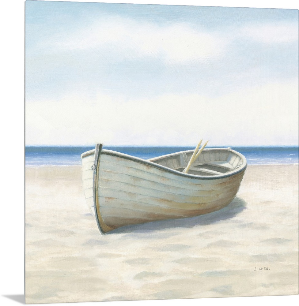 Contemporary painting of a white boat with oars inside, on the sandy beach with the ocean in the background.