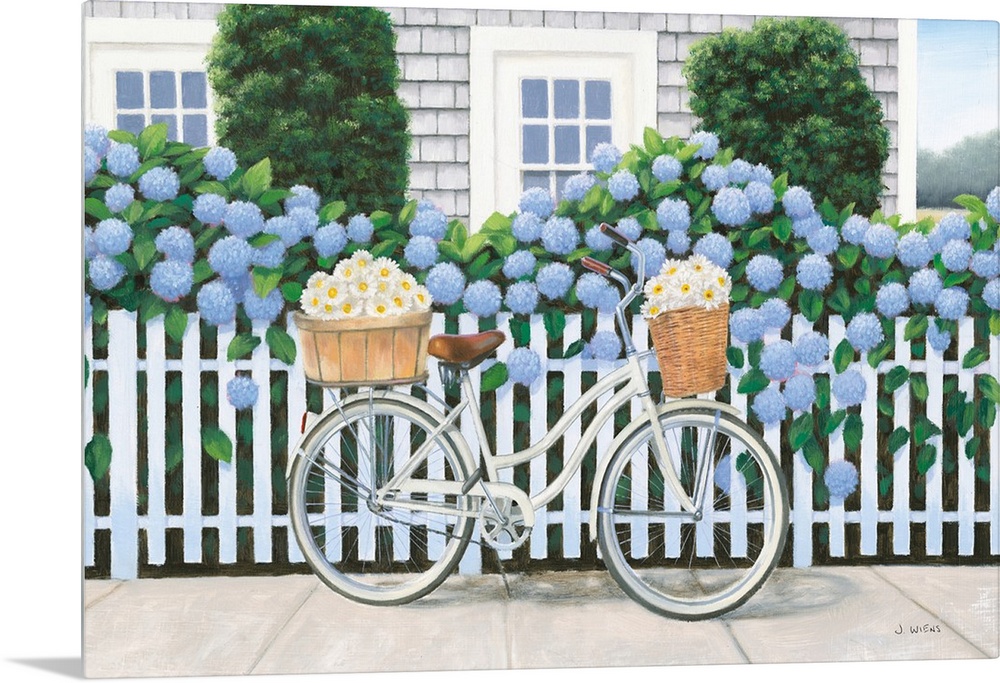 Contemporary painting of a white bicycle with two baskets of daises leaning up on a white picket fence with blue hydrangea...