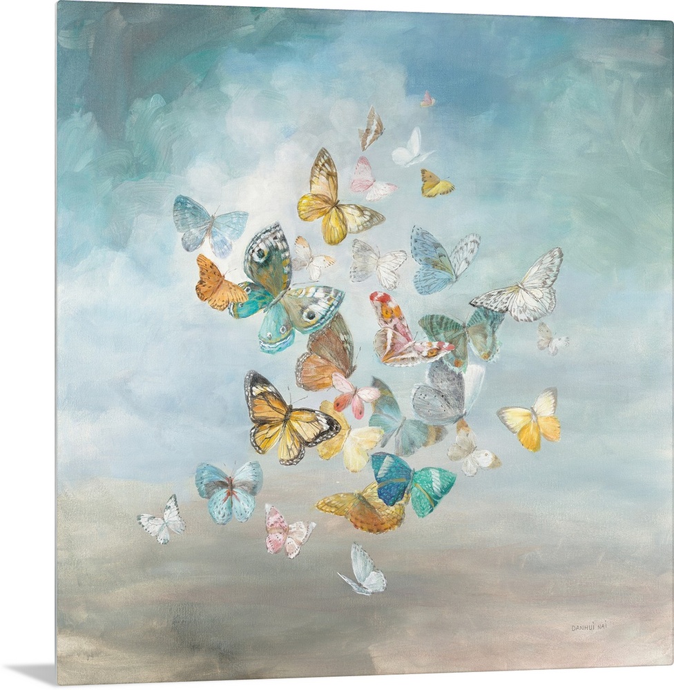 A decorative square painting of a group of colorful butterflies.