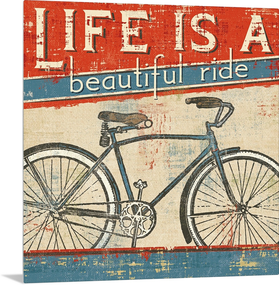 Square wall art of a bicycle with retro typography inspired by vintage posters.