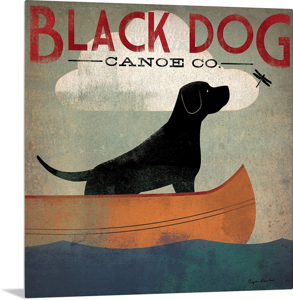 Contemporary artwork of a stylized black dog sitting in a canoe looking at a dragon fly with an overall grungy looking tex...