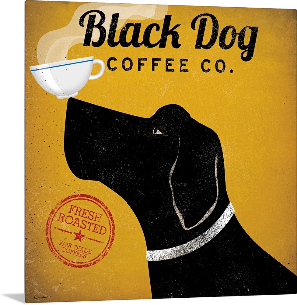 Whimsical artwork of a dog balancing a cup of coffee on it's nose.  The cup of coffee is steaming.