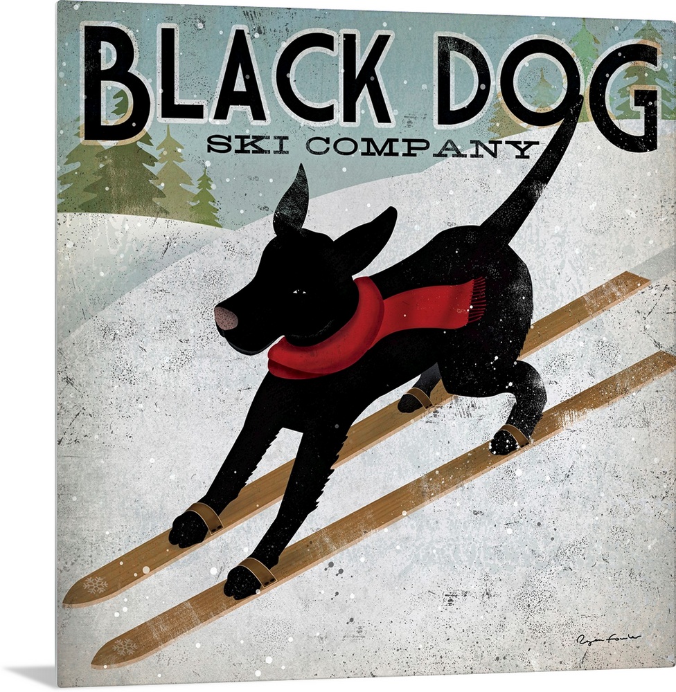 Giant square canvas art displays an advertisement for Black Dog Ski Company.  In the ad, a dog wearing a scarf skis down a...