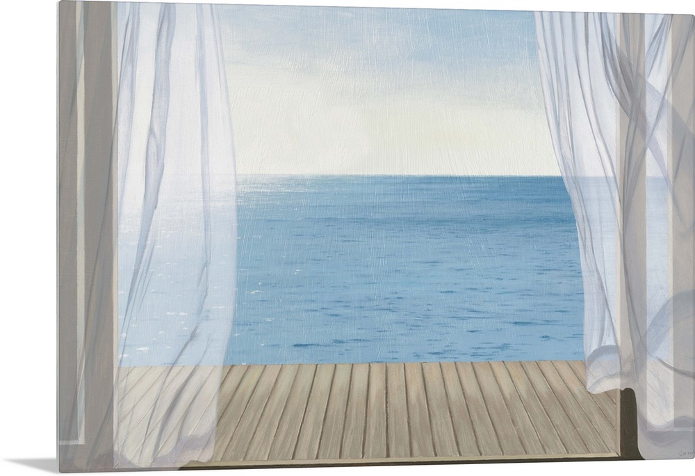 Coastal artwork looking out over a calm sea from an open door.