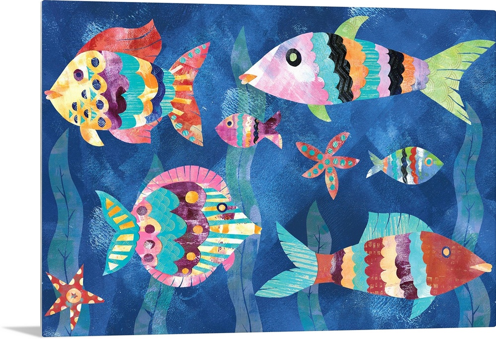 A collage of colorful fish and starfish with seaweed in the background made from mixed media.