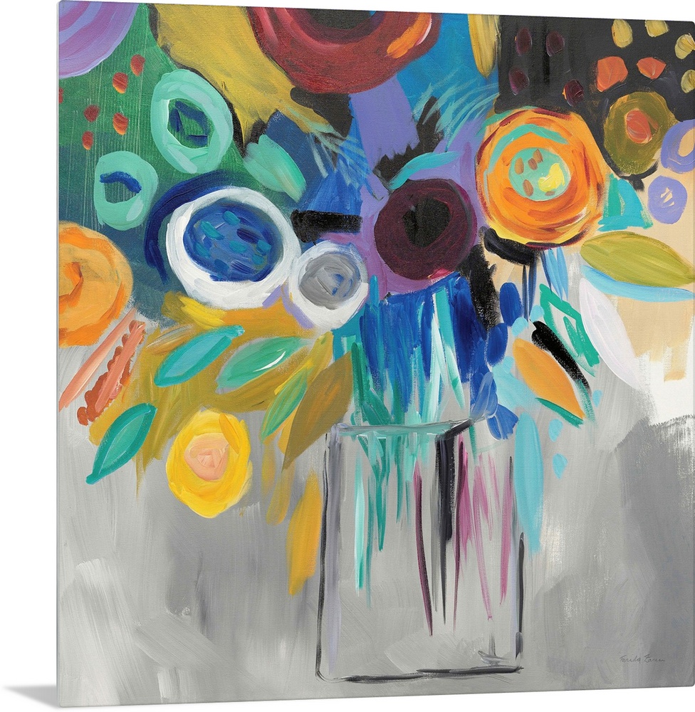 Square abstract painting of a bold floral arrangement on a grey background.