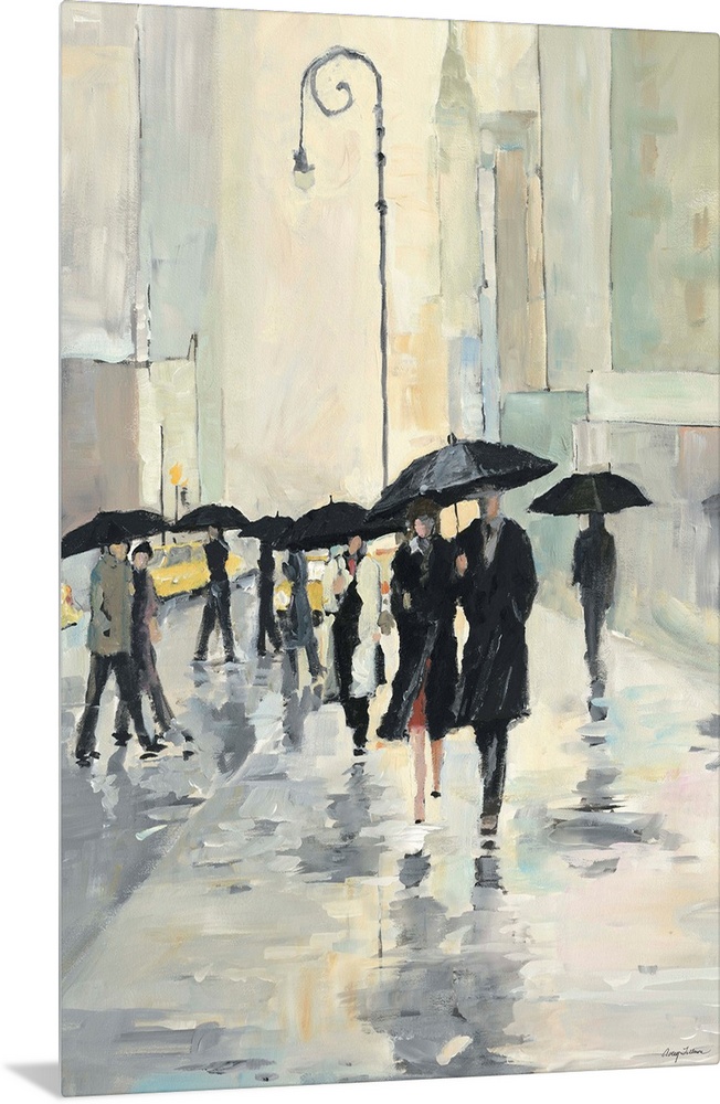 Contemporary painting of people walking in the street downtown in the rain with umbrellas. Their reflections are seen in t...