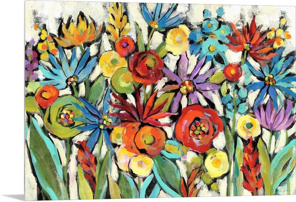 Colorful abstract painting of a group of wildflowers on a neutral background.