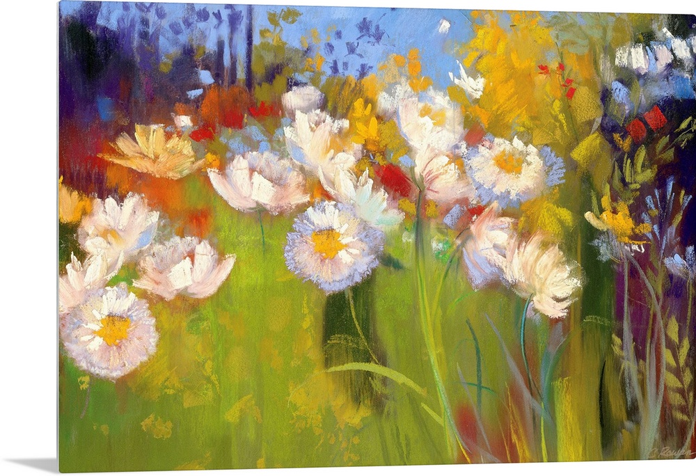 Contemporary painting of daisies in a field sprinkled with tall grass and wheat stalks.