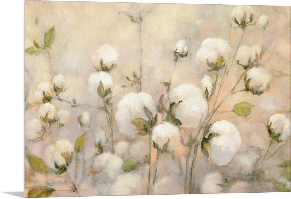 Large contemporary painting of wild cotton with a warm background.