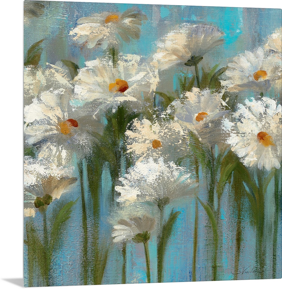 This big canvas wall art is a contemporary painting of several impressionistic flowers against a simplified backdrop.
