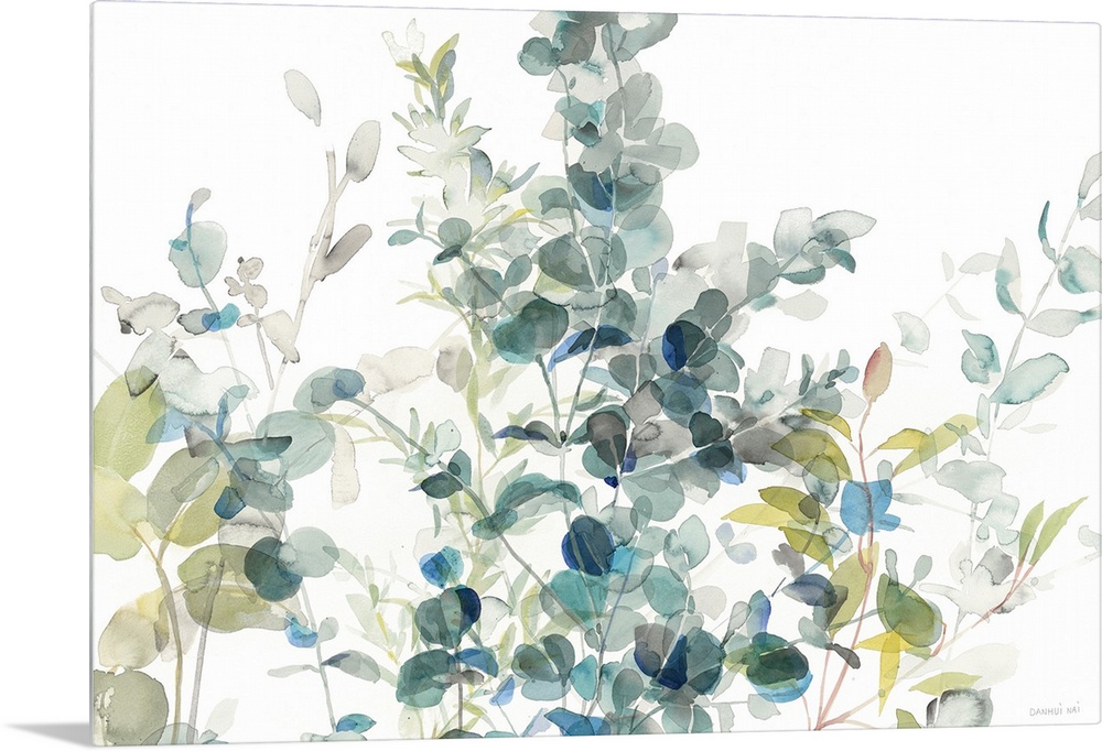 Large watercolor painting of eucalyptus leaves in shades of blue, gray, and green on a white background.