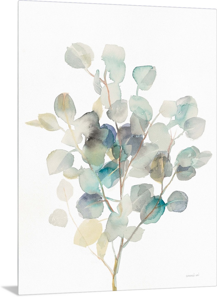 Vertical watercolor painting of blue, green, gray, and yellow toned eucalyptus leaves on a white background.