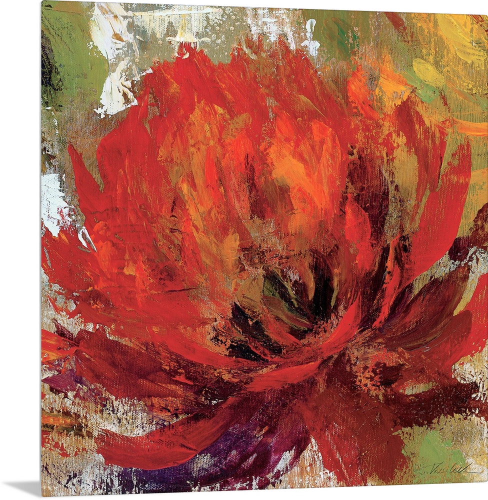 Large contemporary art portrays a close-up of a single flower.  Artist uses an abundance of earth tones against a slightly...