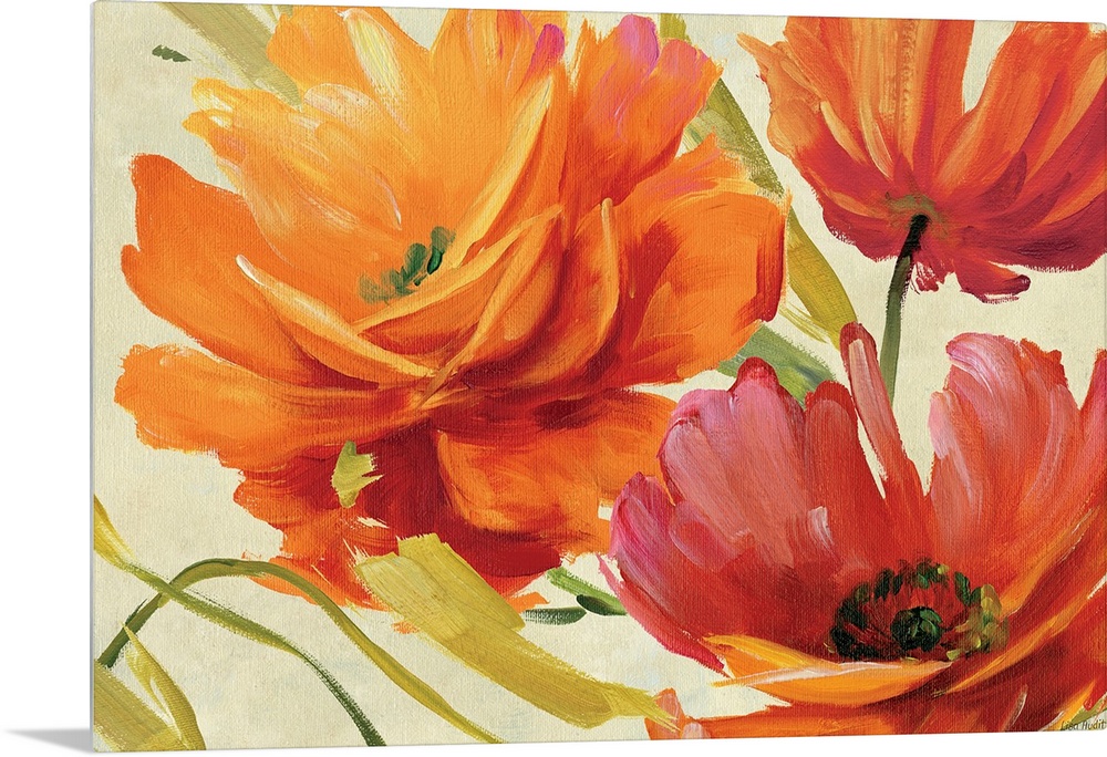 Contemporary wall art of three loosely painted flowers in bloom on a neutral background.