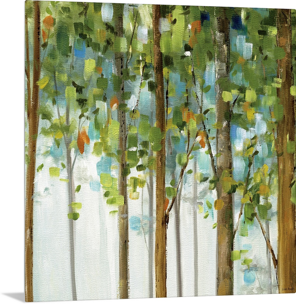 Contemporary painting of trees full of leaves.  The leaves are created from short, thick, square shaped brush strokes.