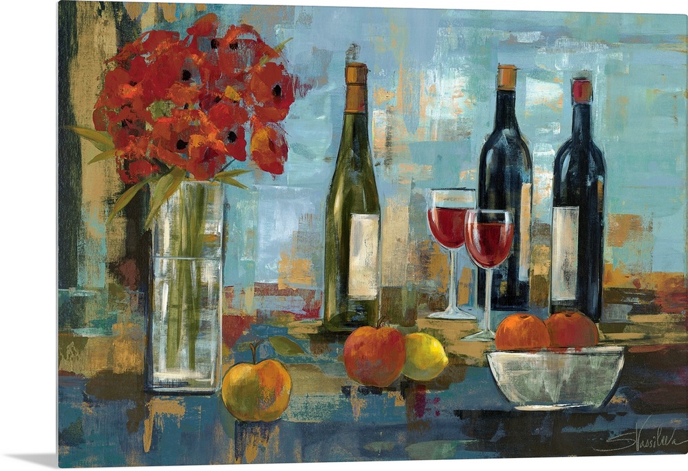 Horizontal painting of several wine bottles sitting next to a vase of red flowers, with two wine glasses and various fruit...