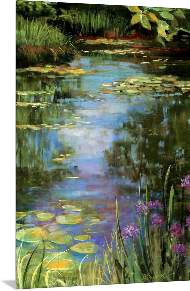 Big vertical painting of a garden water scene with flowers, water lillies, grasses, trees and other wild growth in cool an...