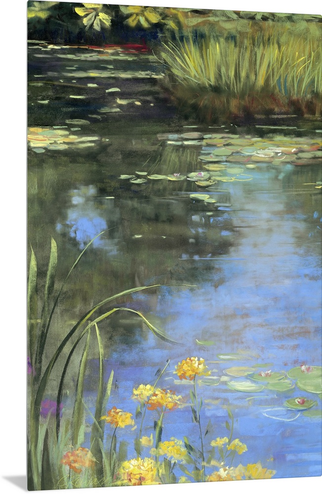 Contemporary docor painting of water lilies and lily pads in a small pond, with the water reflecting the greenery overhead.