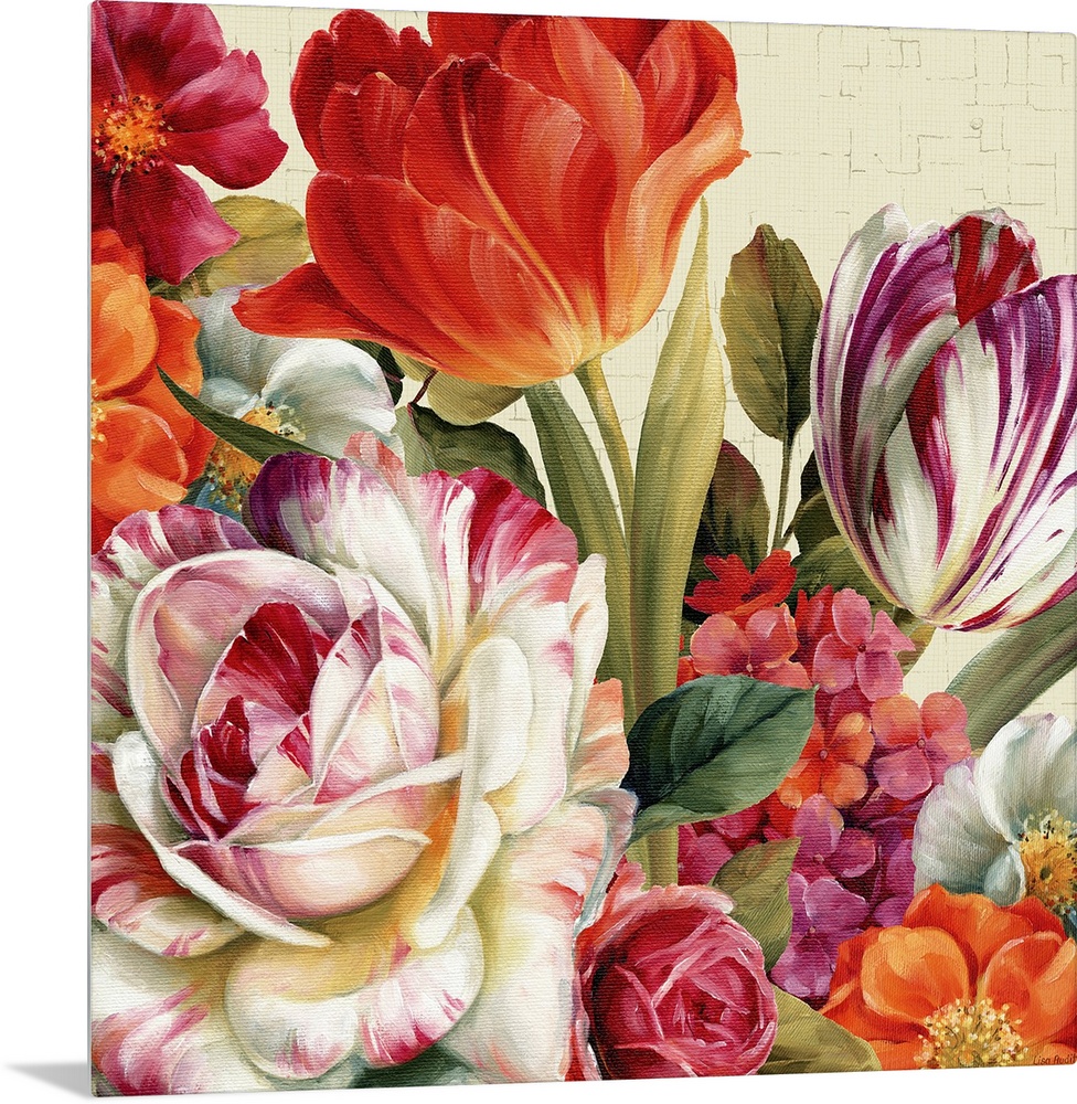Big contemporary art focuses on a colorful arrangement of different flowers.
