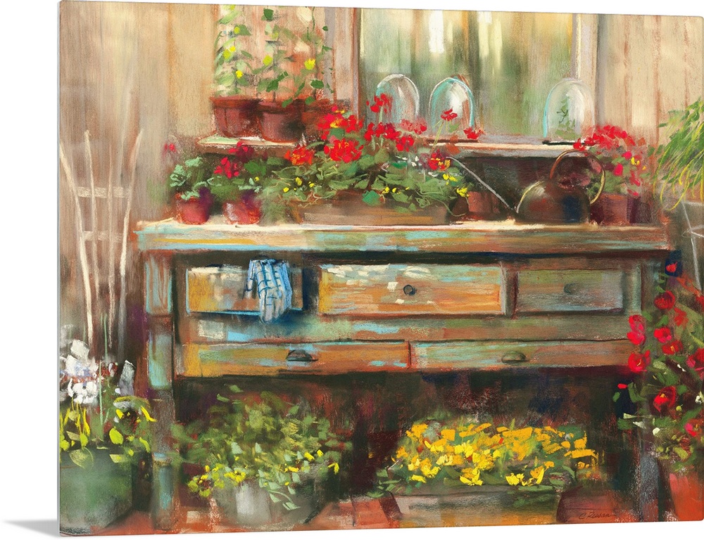 Contemporary painting of potted flowers sitting outside a shed.