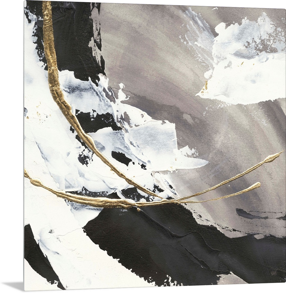 Large abstract painting of various brush strokes of gray, black and white with gold line accents.