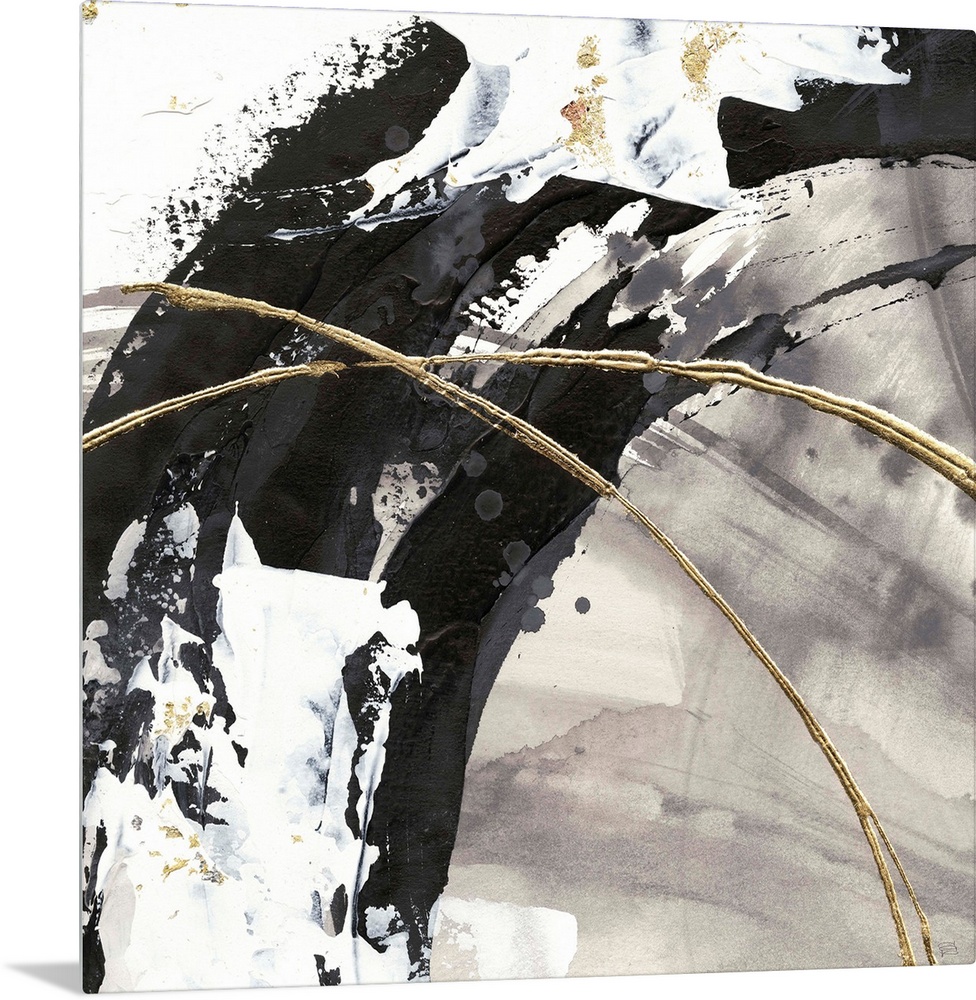 Large abstract painting of various brush strokes of gray, black and white with gold line accents.