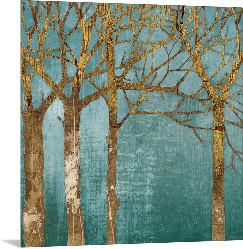 Silhouettes of painted trees over a contrasting flat background in this square decorative art.