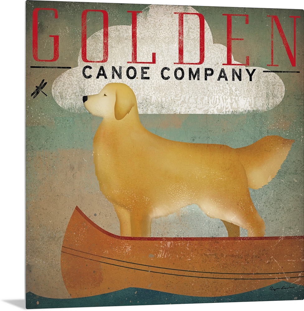 Retro-style artwork of a golden retriever dog standing in a canoe under a single cloud, looking at a small dragonfly.