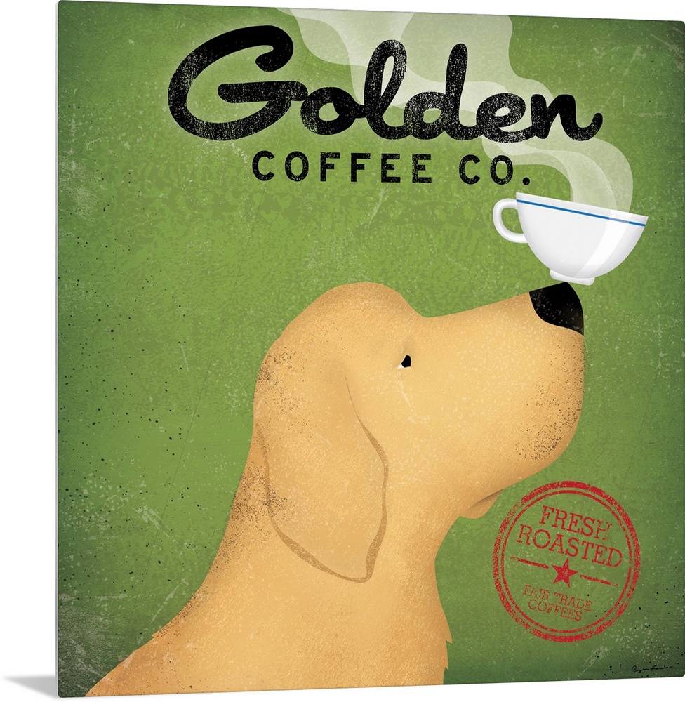 A whimsical decorative wall accent of a cartoon Golden Retriever balancing a saucer of coffee on his nose advertising a br...