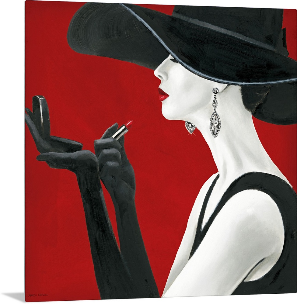 A square painting of a pale woman in profile wearing a black dress, an enormous hat, and elbow length gloves applying lips...