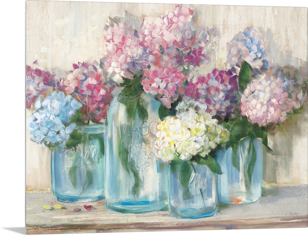 Hydrangeas in Glass Jar Pastel Crop