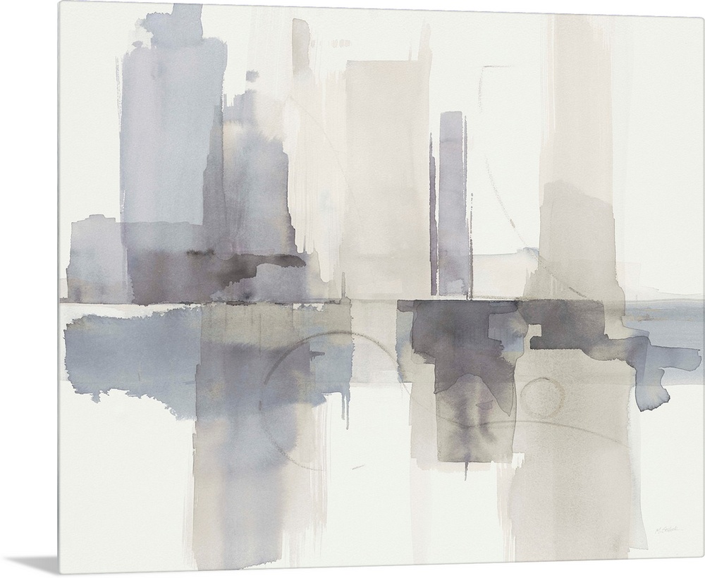 Abstract gray, purple, and cream watercolor painting that resembles a skyline with a reflection.