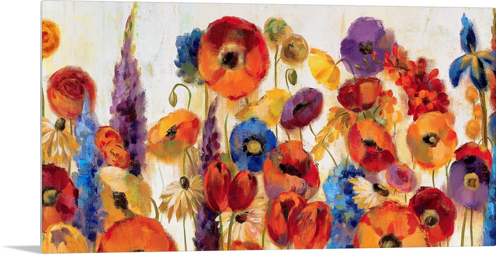 A large canvas still life of a variety of vividly colored flowers for home art docor.