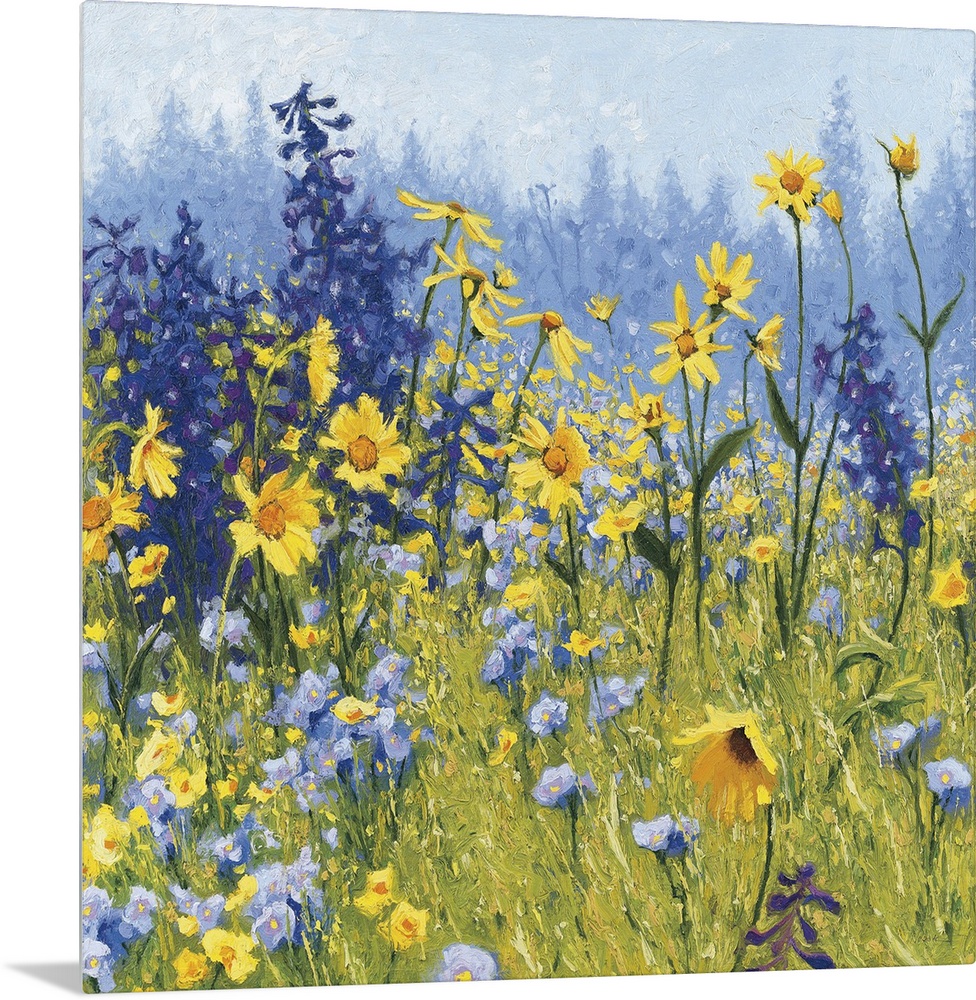 Contemporary painting of a field of wildflowers with blue, green, purple, and yellow hues.