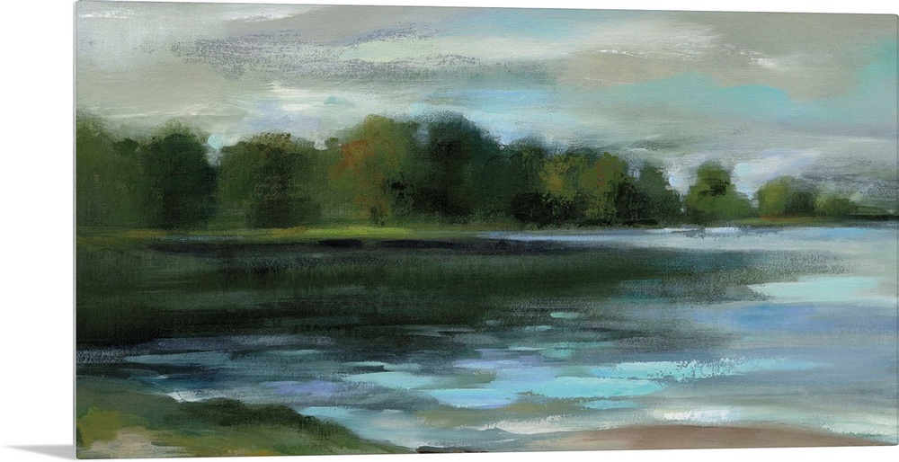 Contemporary landscape painting of a lakeside lined with trees.