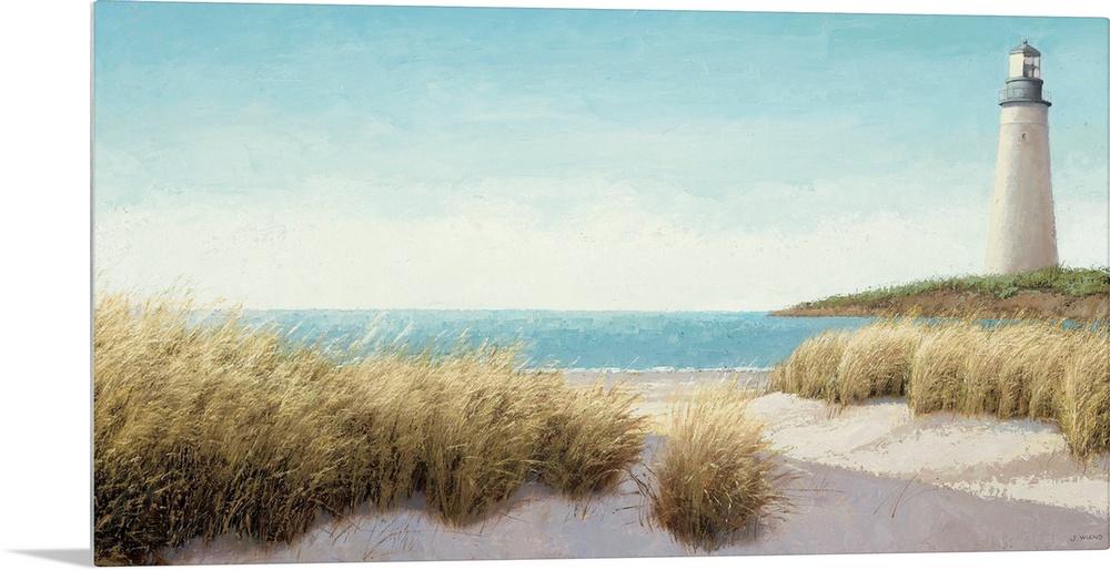 Horizontal, large wall picture of grasses blowing on the beach.  A lighthouse in the distance, next to blue waters.