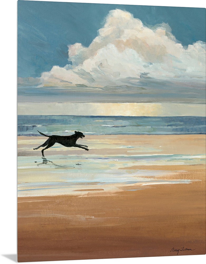 A black Labrador runs on a sandy beach with a large cloud on the ocean horizon in this vertical landscape painting.