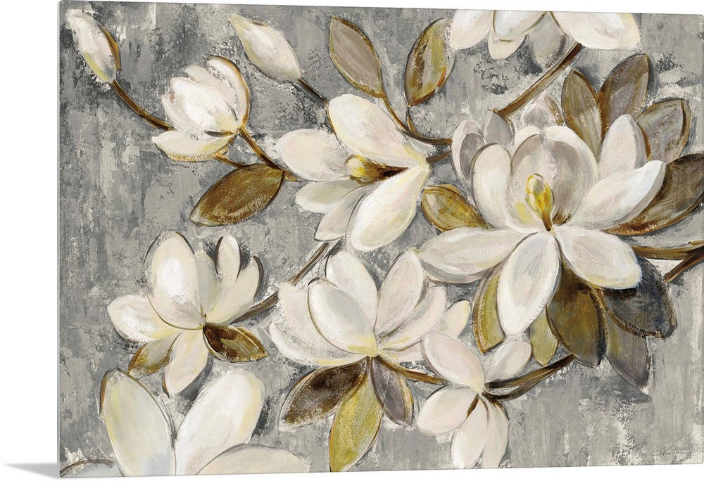 Contemporary painting of magnolia flowers on a textured gray and cream colored background.
