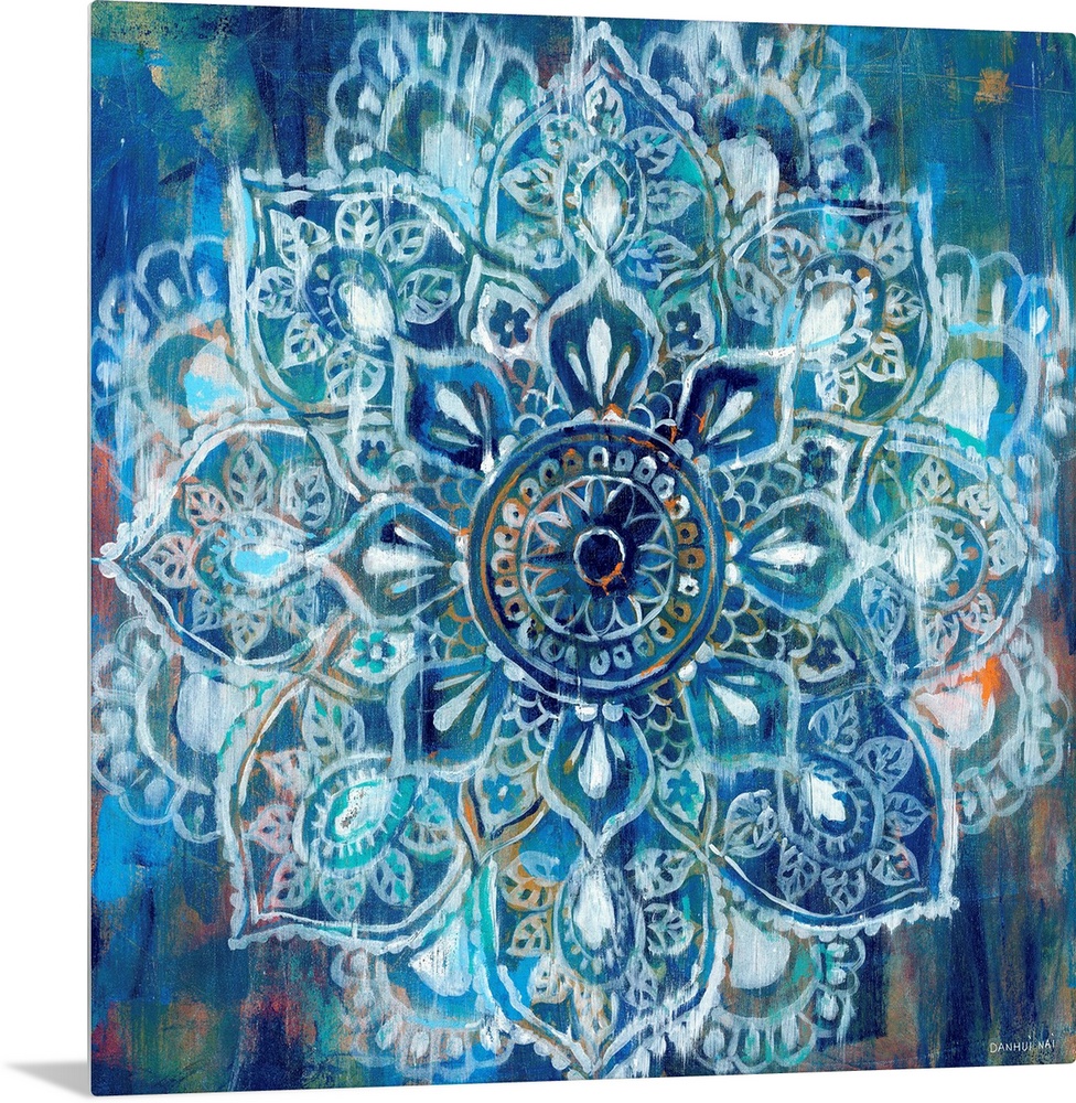 Contemporary artwork of a mandala using predominantly blue.
